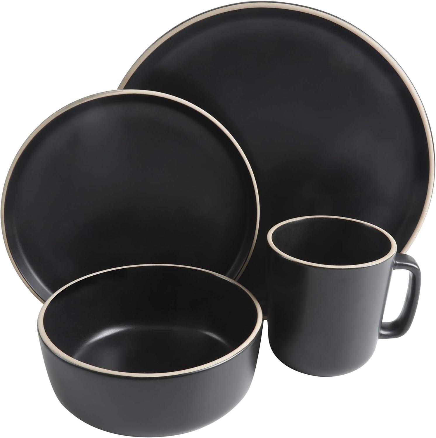 Gibson Home Zuma 16 Piece Round Kitchen Dinnerware Set, Dishes, Plates, Bowls, Mugs, Service for 4, Matte Stoneware, Black