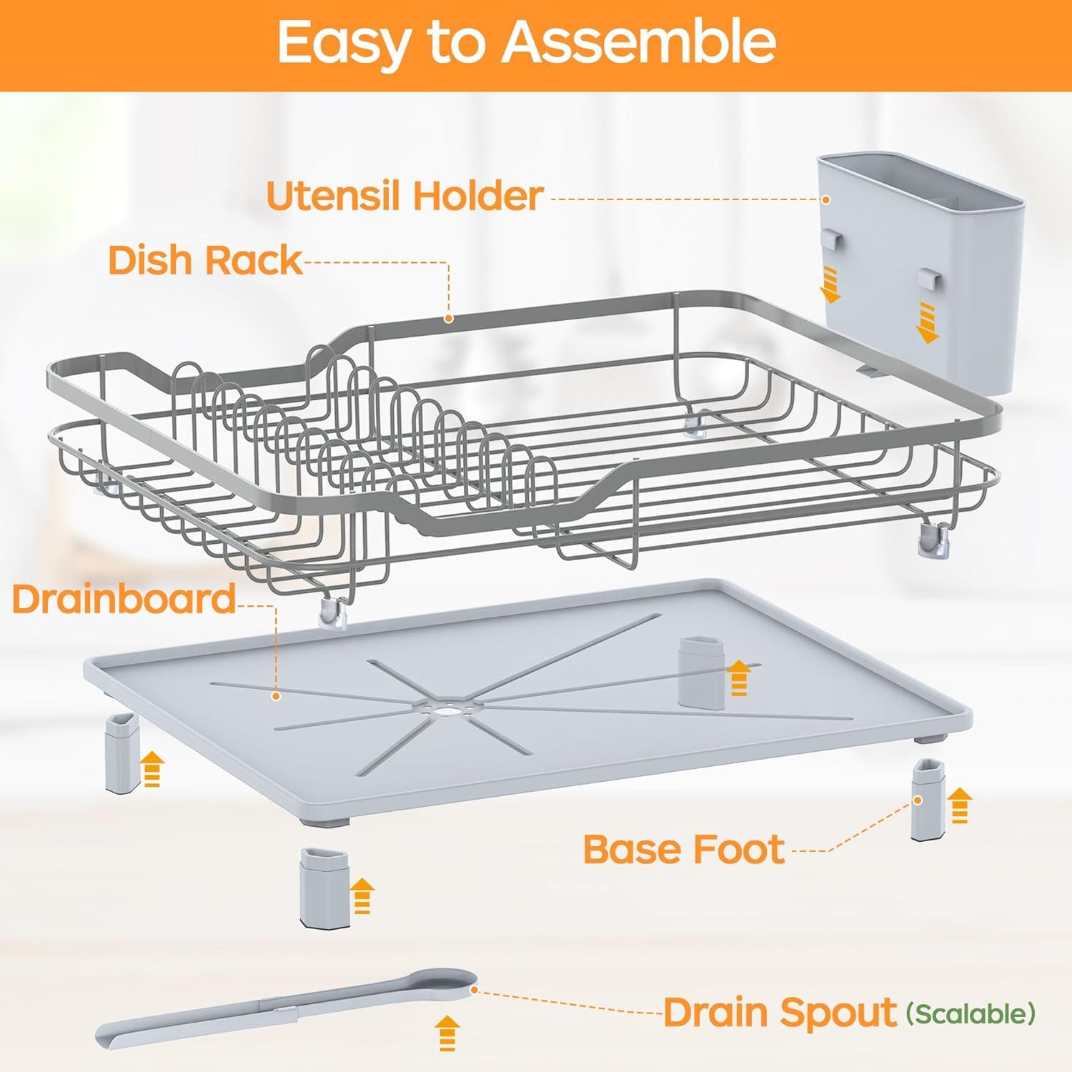 Dish Drying Rack, Stainless Steel Rustproof Dish Rack for Kitchen Counter, Sturdy Dish Drainer with Drainboard, Drainage, Utensil Holder for Various Kitchenware, 16.2"(L) x 12.6"(W), Black