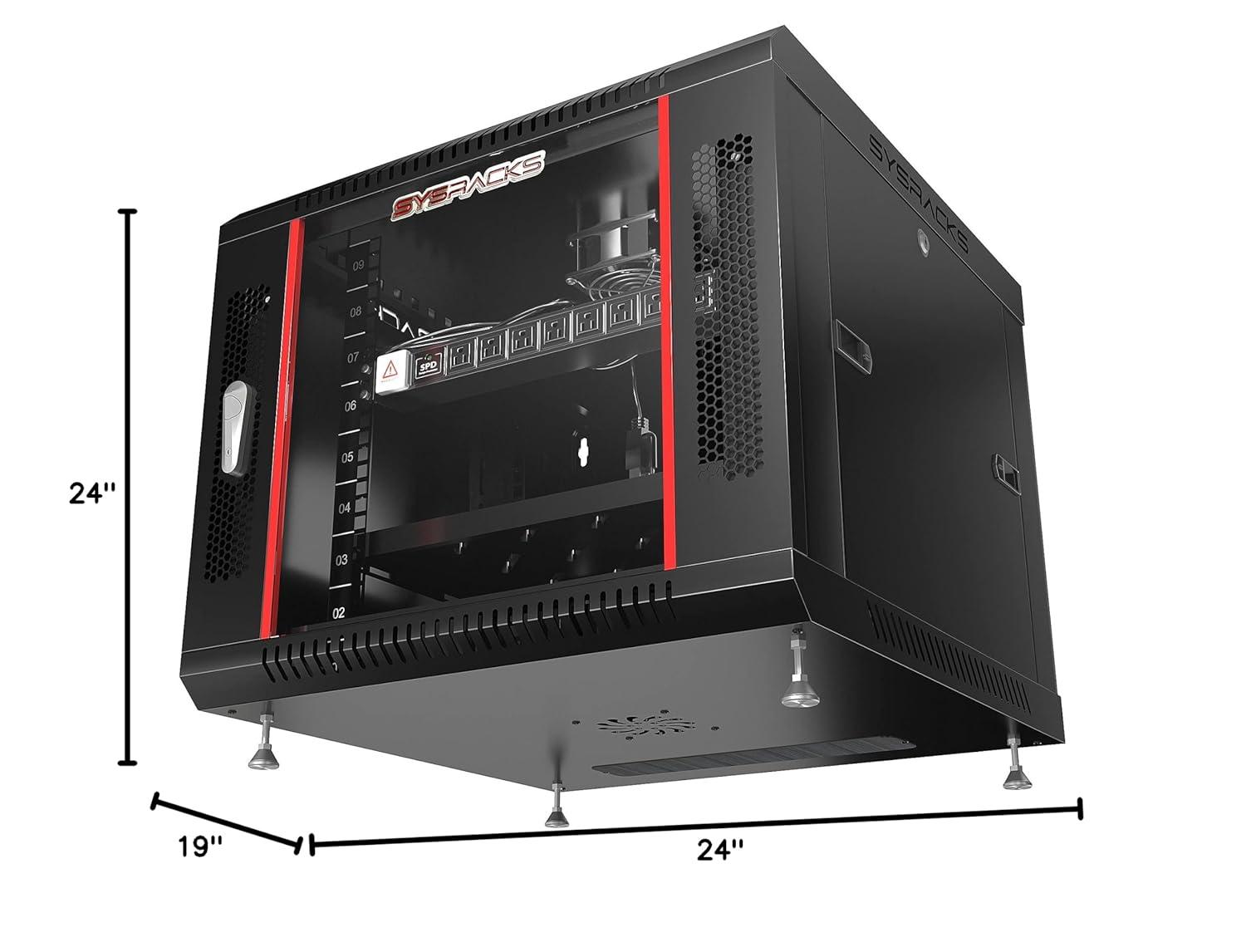 Server Rack - 9U - Server Cabinet - for - Network - Electronics - AV Rack - Equipment - Wall Mount Rack - on Feet with Locking Doors 8-Way Power Strip Shelf Fan - 24-inch Deep Sysracks (Black)