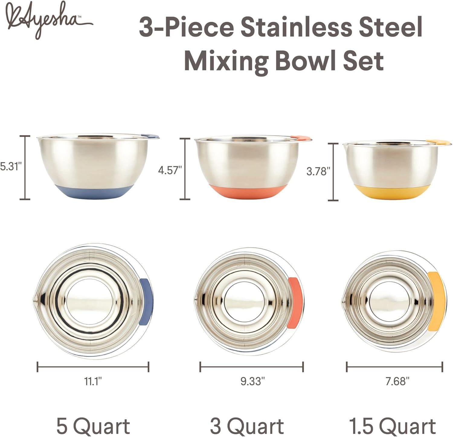 Ayesha Curry Pantryware Stainless Steel Nesting Mixing Bowls Set, 3-Piece, Silver With Color Accent Handles