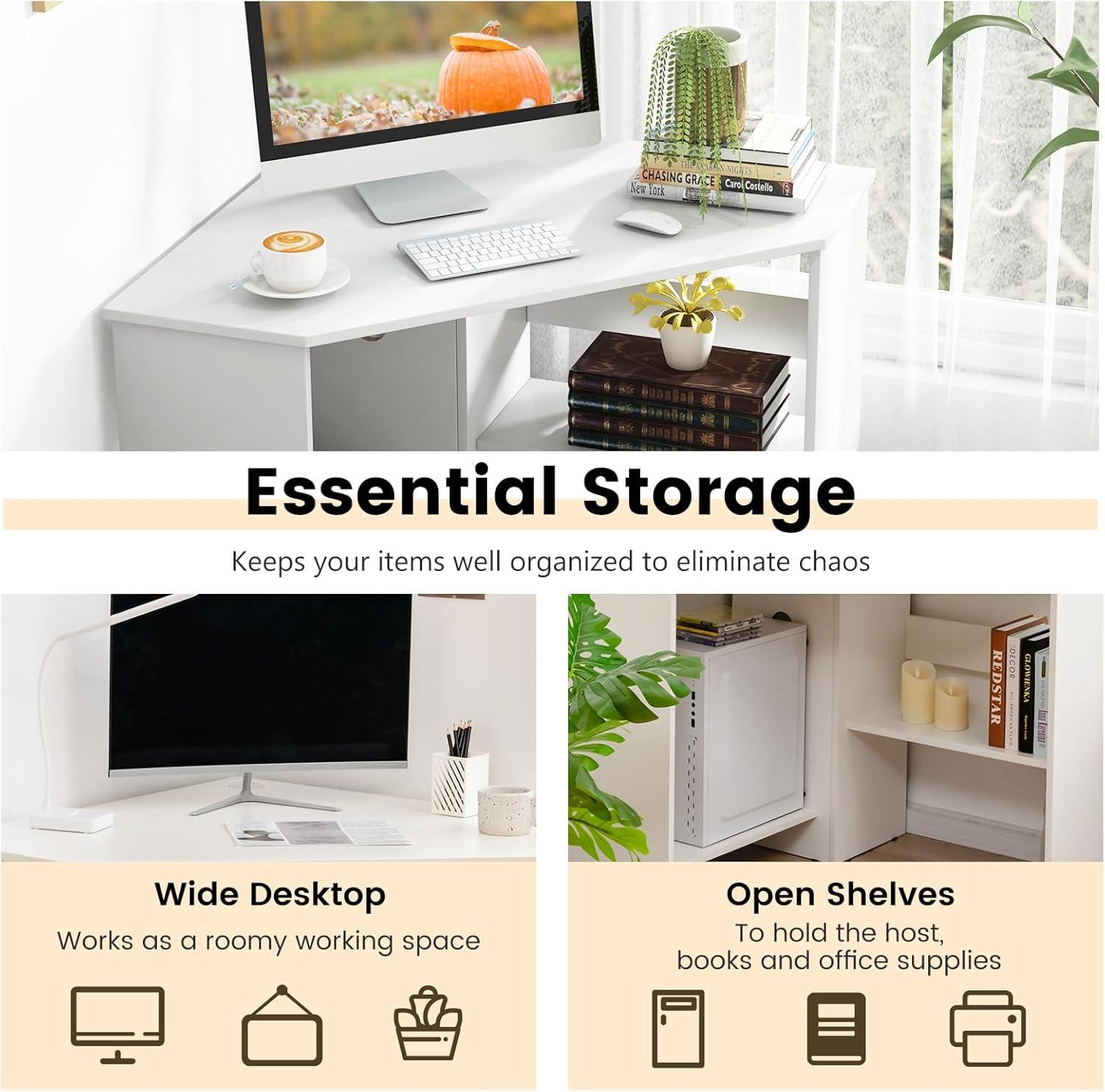 Costway Corner Computer Desk Triangle Writing Workstation w/ Storage Shelf White