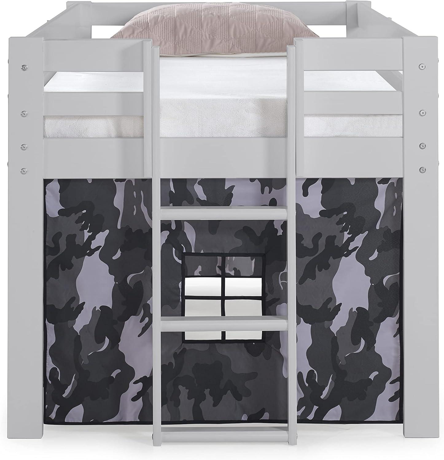 Alaterre Jasper Twin Junior Loft Bed, Dove Gray Frame and Gray Camouflage Bottom Playhouse Tent