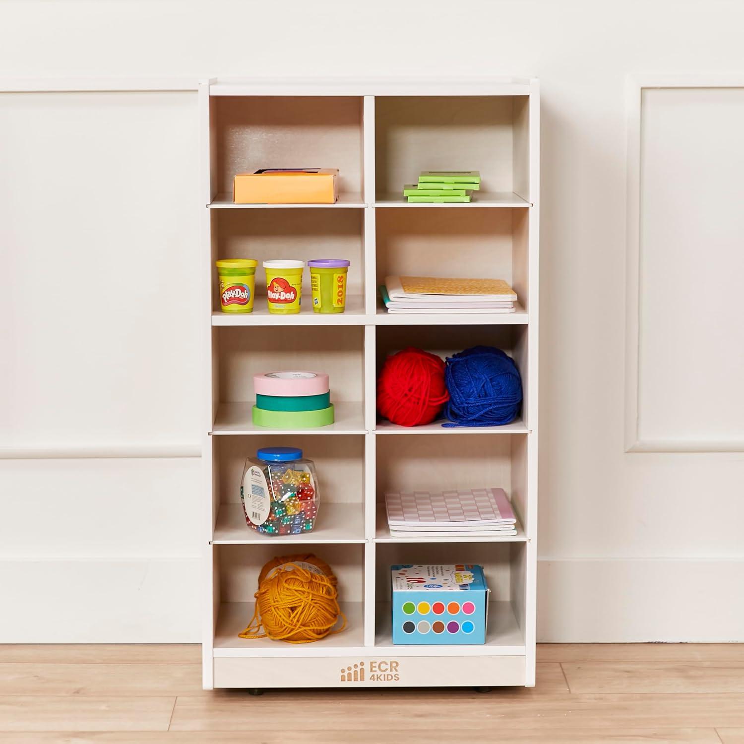 ECR4Kids 10 Cubby Mobile Tray Storage Cabinet, 5x2, White Wash
