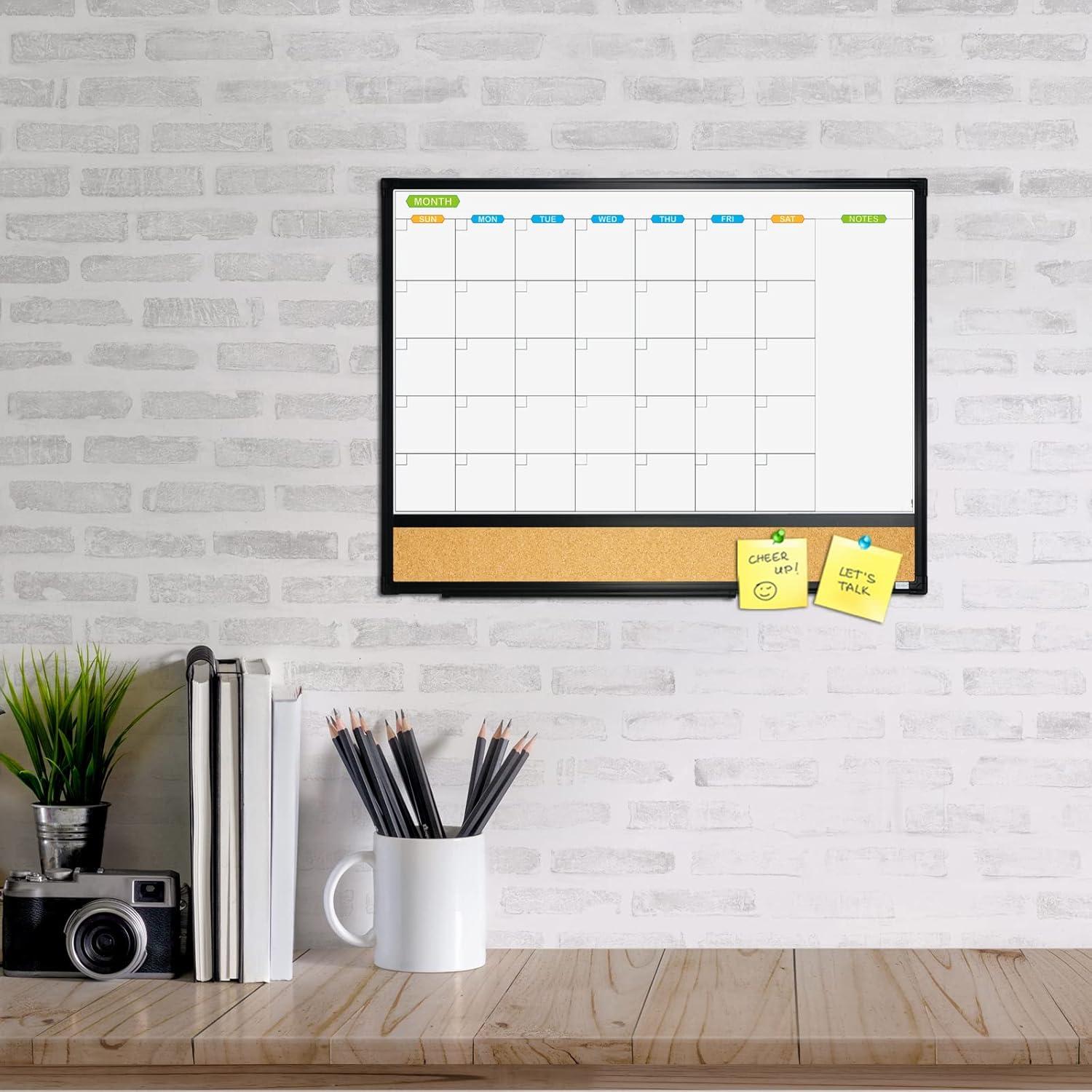 JILoffice Magnetic Calendar Whiteboard & Bulletin Corkboard Combination, Combo Board 24 x 18 Inch, Black Aluminum Frame Wall Mounted Board for Office Home and School with 10 Push Pins