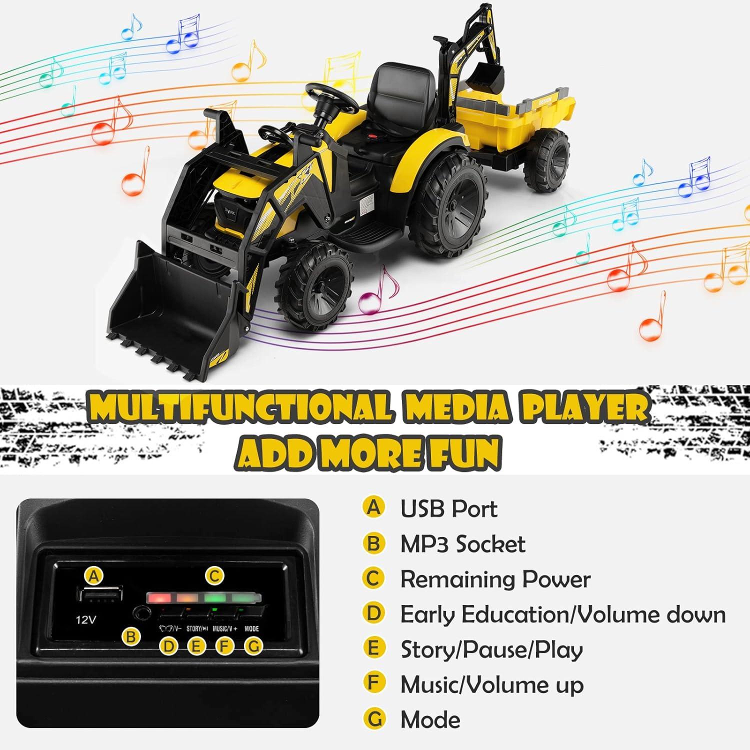 CIPACHO 12V 3 in 1 Kids Ride On Excavator, Battery Operated Construction Vehicle with Shovel Bucket and Music, 4WD Electric Kids Car, Yellow