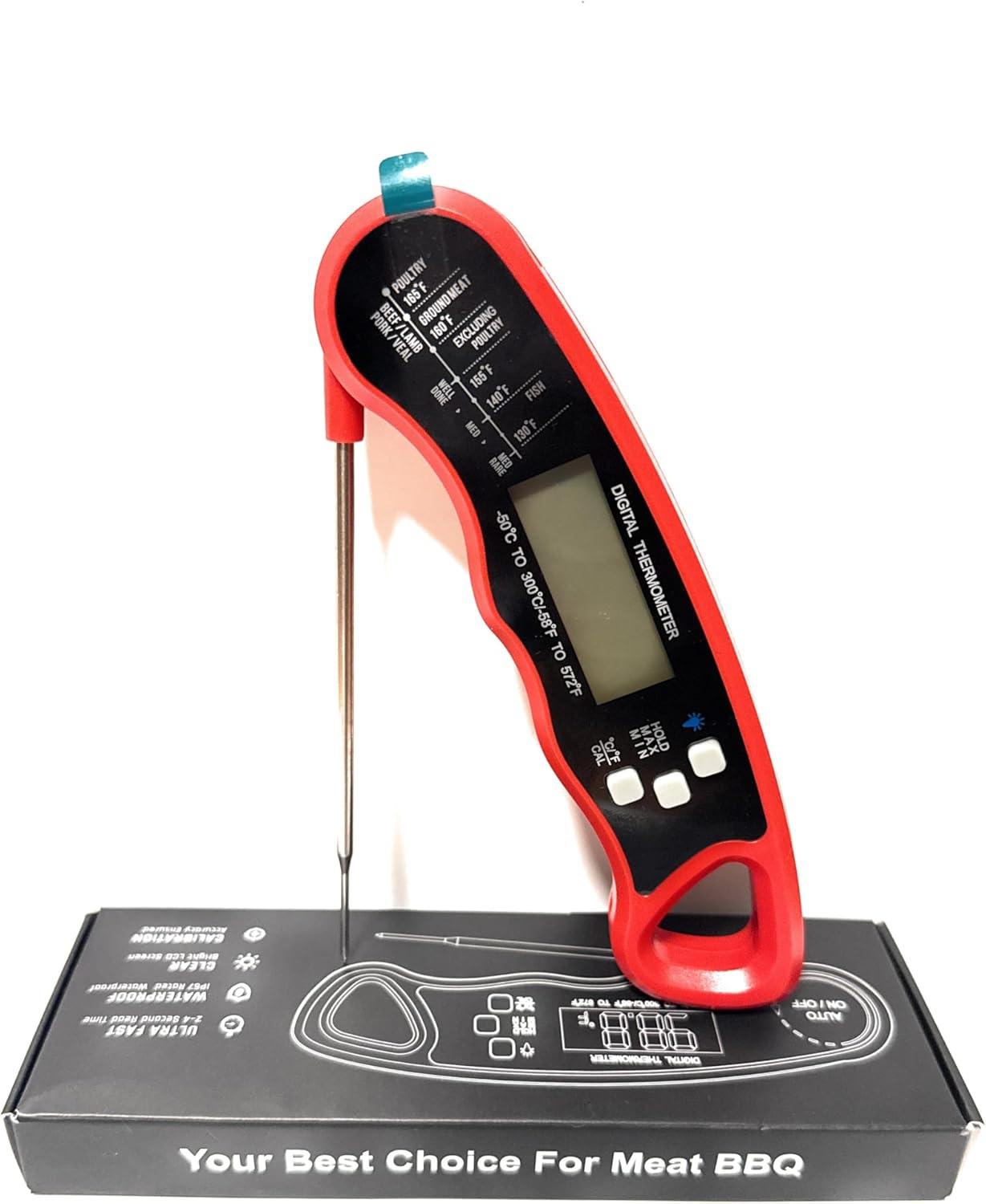 Digital Meat Thermometer for Grill/Cooking Fast Instant Read Waterproof Magnetic Probe Thermometer w/Backlight and Display for Kitchen, BBQ, Frying, etc. Chicken, Steak,or Burgers, Red