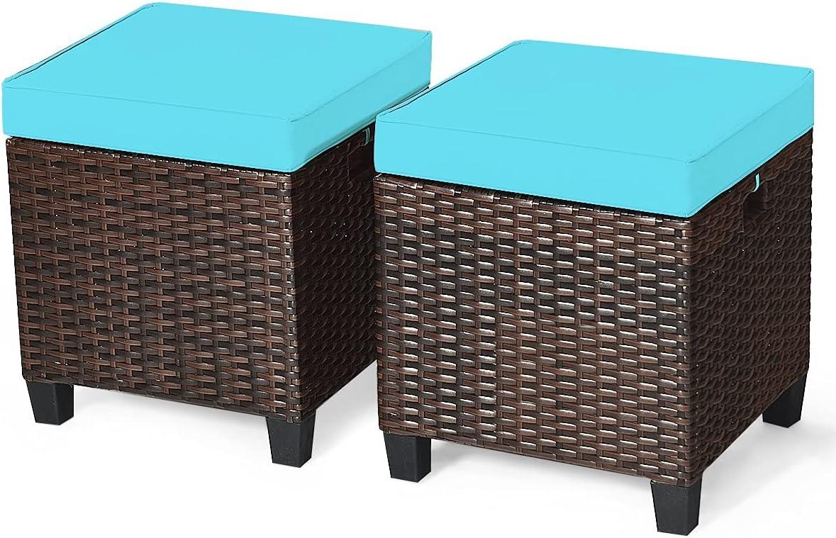 Costway 2PCS Patio Rattan Ottoman Cushioned Seat w/ Foot Rest Turquoise