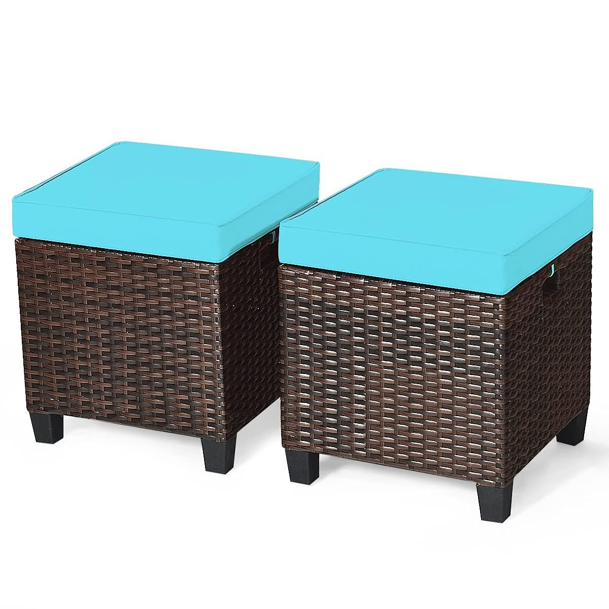 Costway 2PCS Patio Rattan Ottoman Cushioned Seat w/ Foot Rest Turquoise