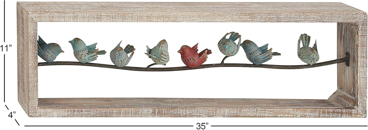 Distressed Multicolor Metal Birds on Weathered Wood Frame Wall Sculpture