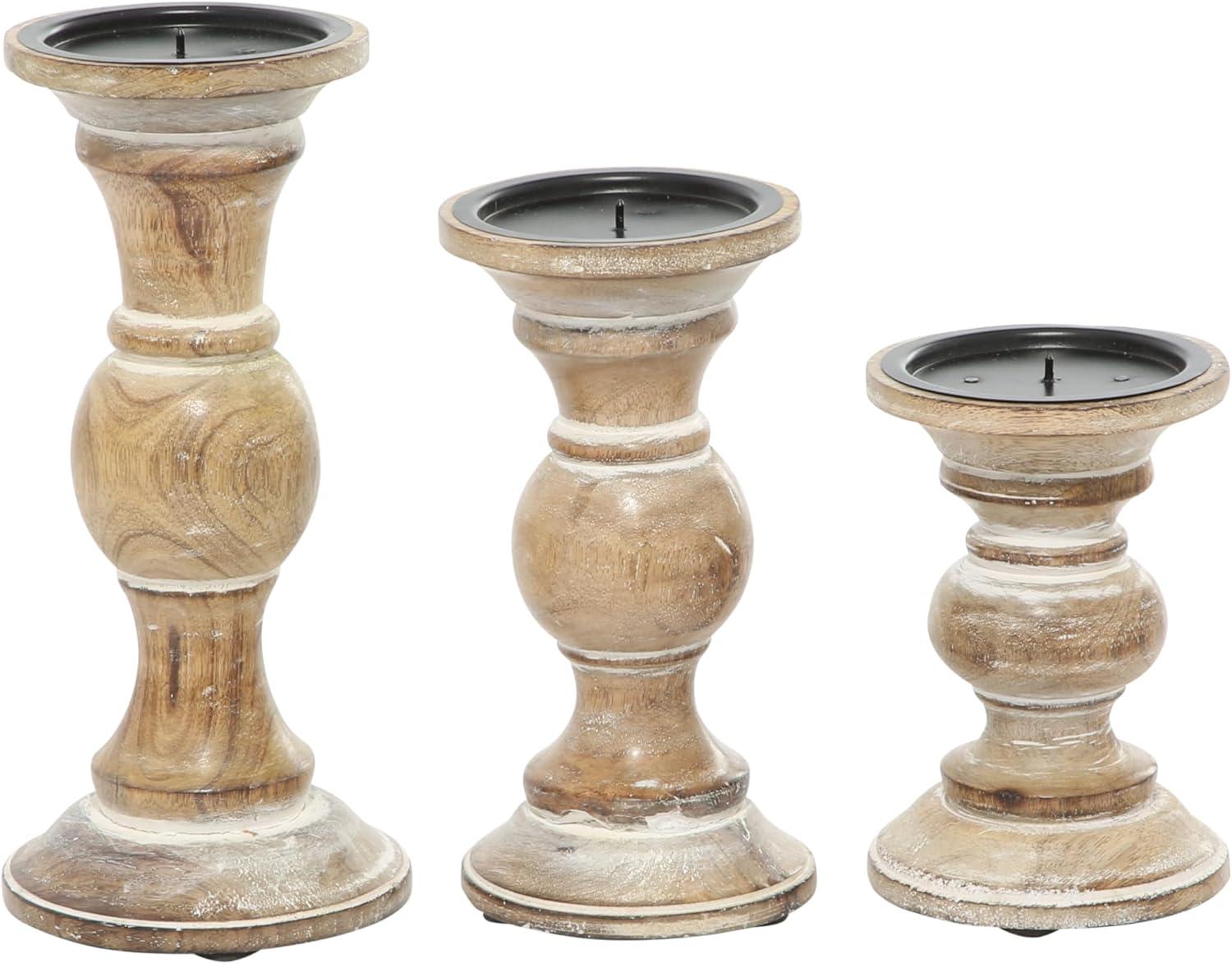 Distressed Light Brown Mango Wood Candle Holder Set