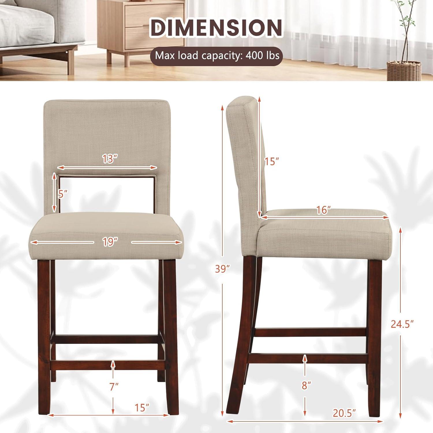 Beige Upholstered Linen Bar Stools with Wooden Legs, Set of 2