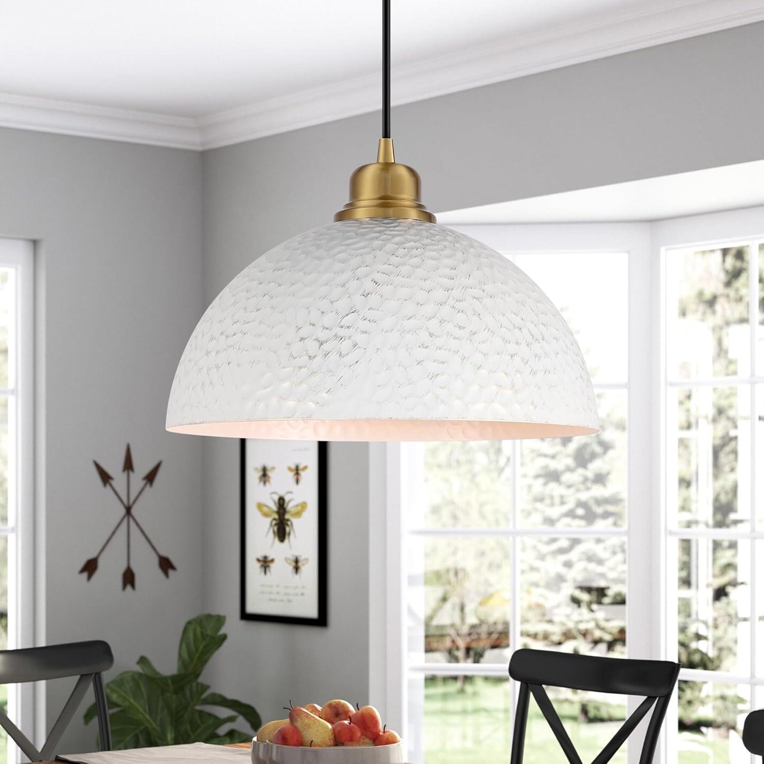 White and Gold Hammered Metal Dome Pendant Light