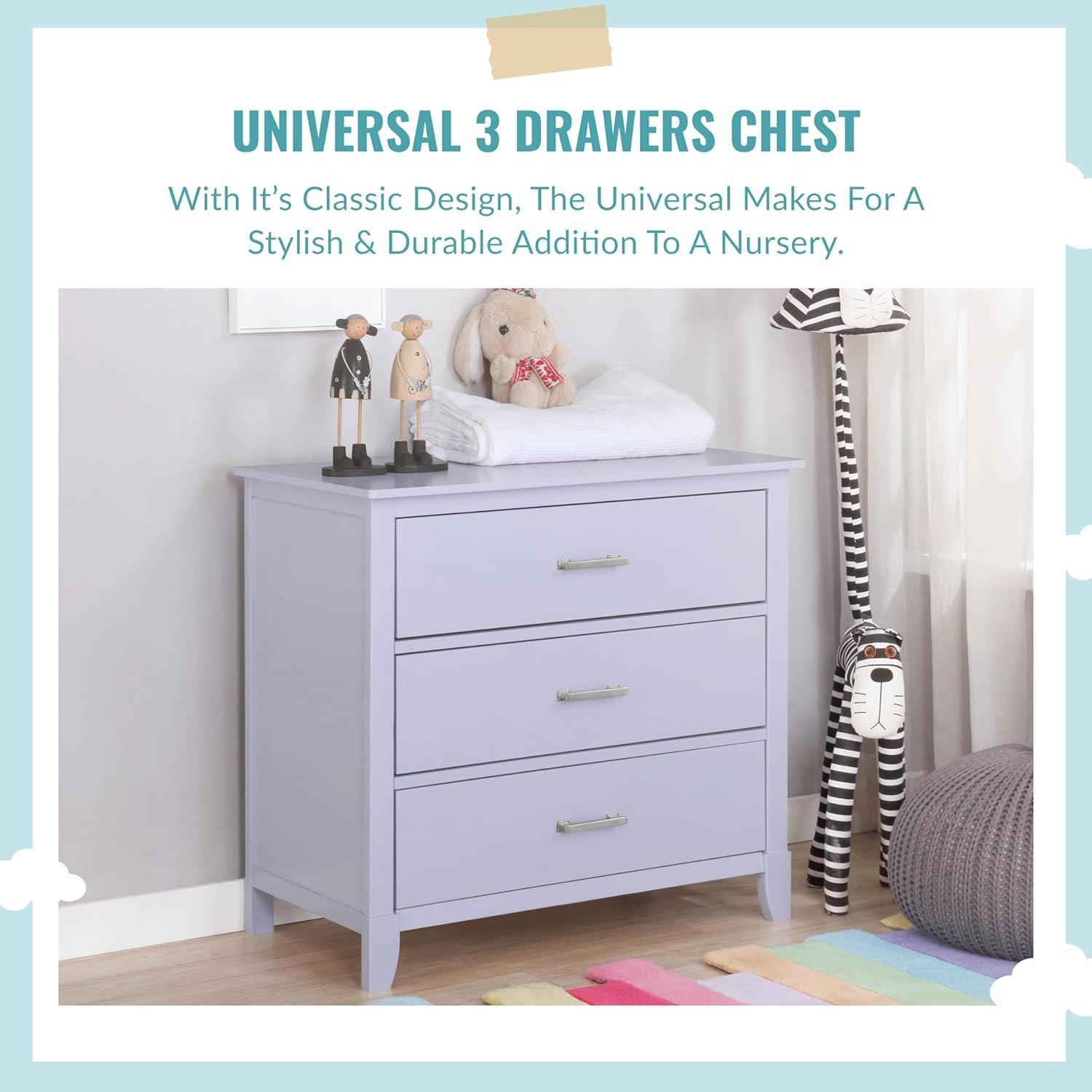 Dream On Me Universal 3 Drawers Chest Mid Century Modern In Lavender Ice, Model #600-LI