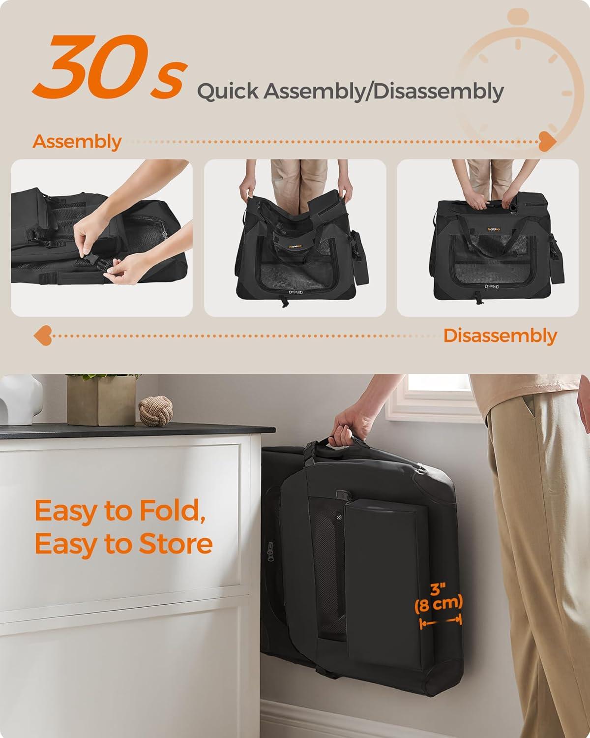 Feandrea 24 Inches Collapsible Soft Dog Crate, Portable Travel Dog Crate for Indoor and Outdoor Use, Dog Carrier Kennel with Safety Zippers, for Living Room, Car, Travelling, Camping, Black UPDC60H