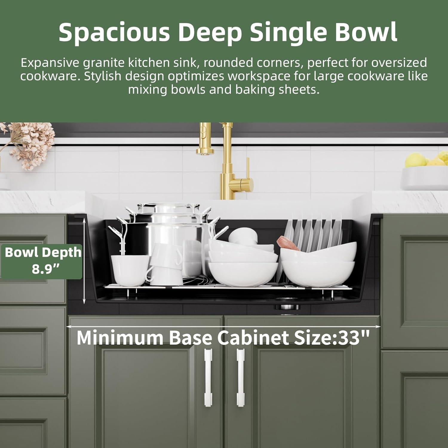 Davivy 33 Inch Black Granite Composite Kitchen Sink Workstation, 33 X 22 Quartz Composite Dual Mount Sink, Matte Black Composite Single Bowl Sink