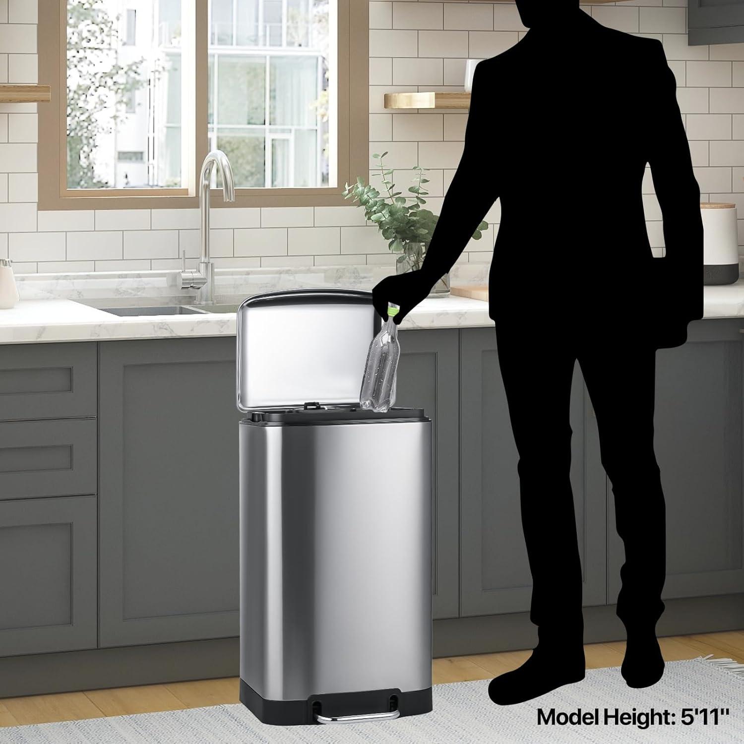 MoNiBloom 10.5 Gallon Trash Can, Hands-Free Stainless Steel Kitchen Step On Trash Can with Lid, Bathroom Waste Bin with Removable Liner Bucket and Handle, Silver