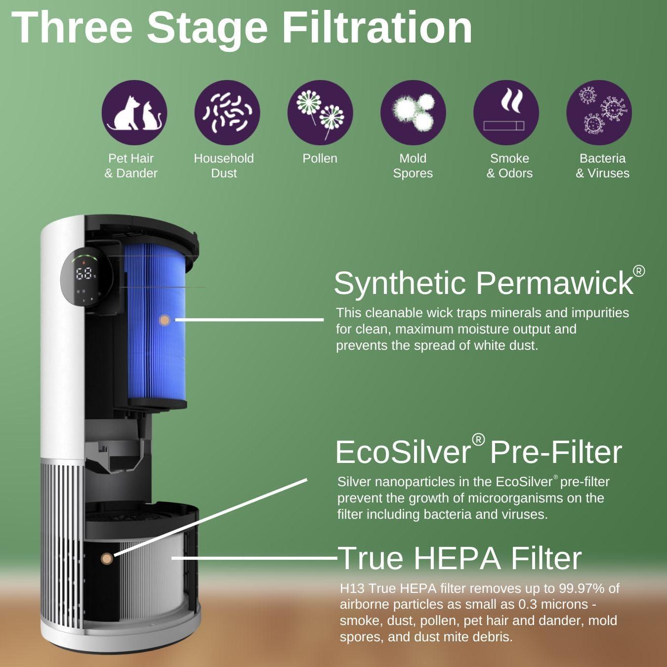 Hunter Fan Company HPH625 Air Purifier Humidifier – 2 in 1 Air Purifier & Humidifier Combo, Grey/ Silver