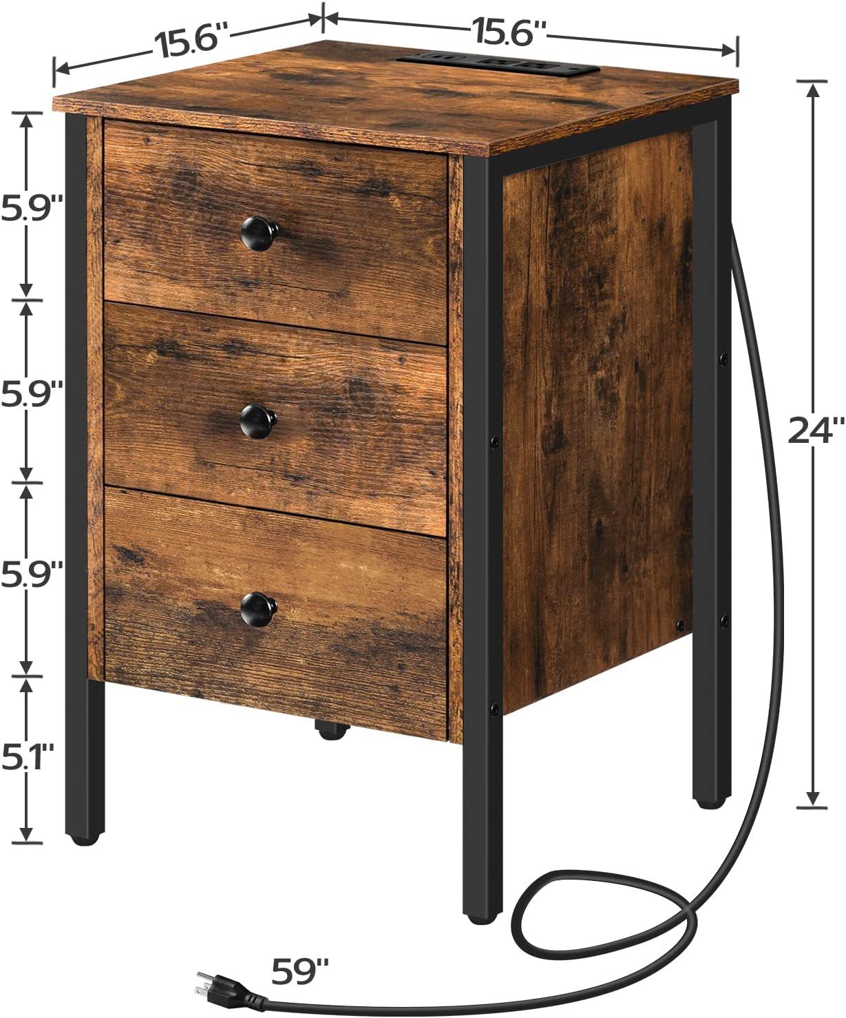 Nightstand with Charging Station, Side Table with 3 Drawers and Storage Shelf, End Table with USB Ports, Retro Industrial Style Bedside Table, for Living Room, Bedroom, Rustic Brown