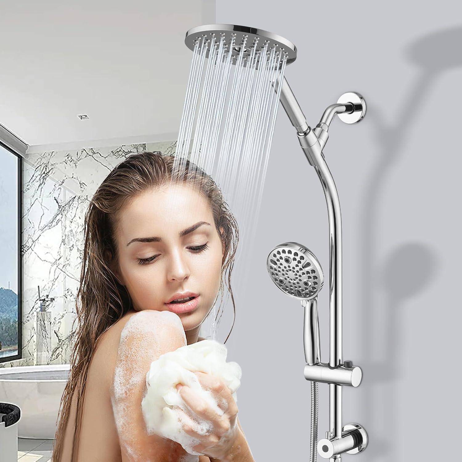 Rainfall Shower Head with Handheld Shower Spray, with 26" Drill Free Adjustable Height Slider Bar, High Pressure Dual Shower Head Combo, 3-Way Diverter for Easy Reach, 5Ft Hose - Chrome Finish