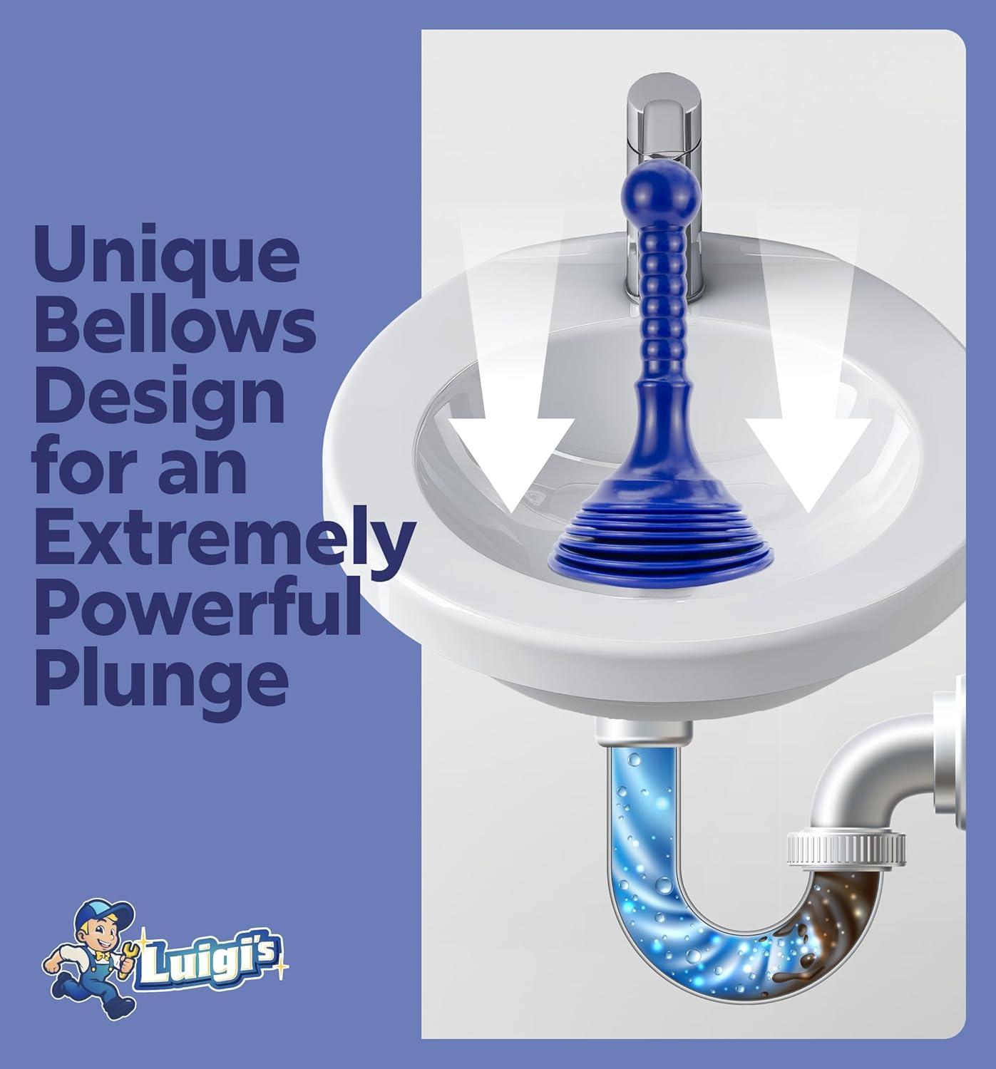 Luigi's Sink and Drain Plunger for Bathrooms, Kitchens, Sinks, Baths and Showers. Small and Powerful, Commercial Style 'Plumbers Plunger' with Large Bellows