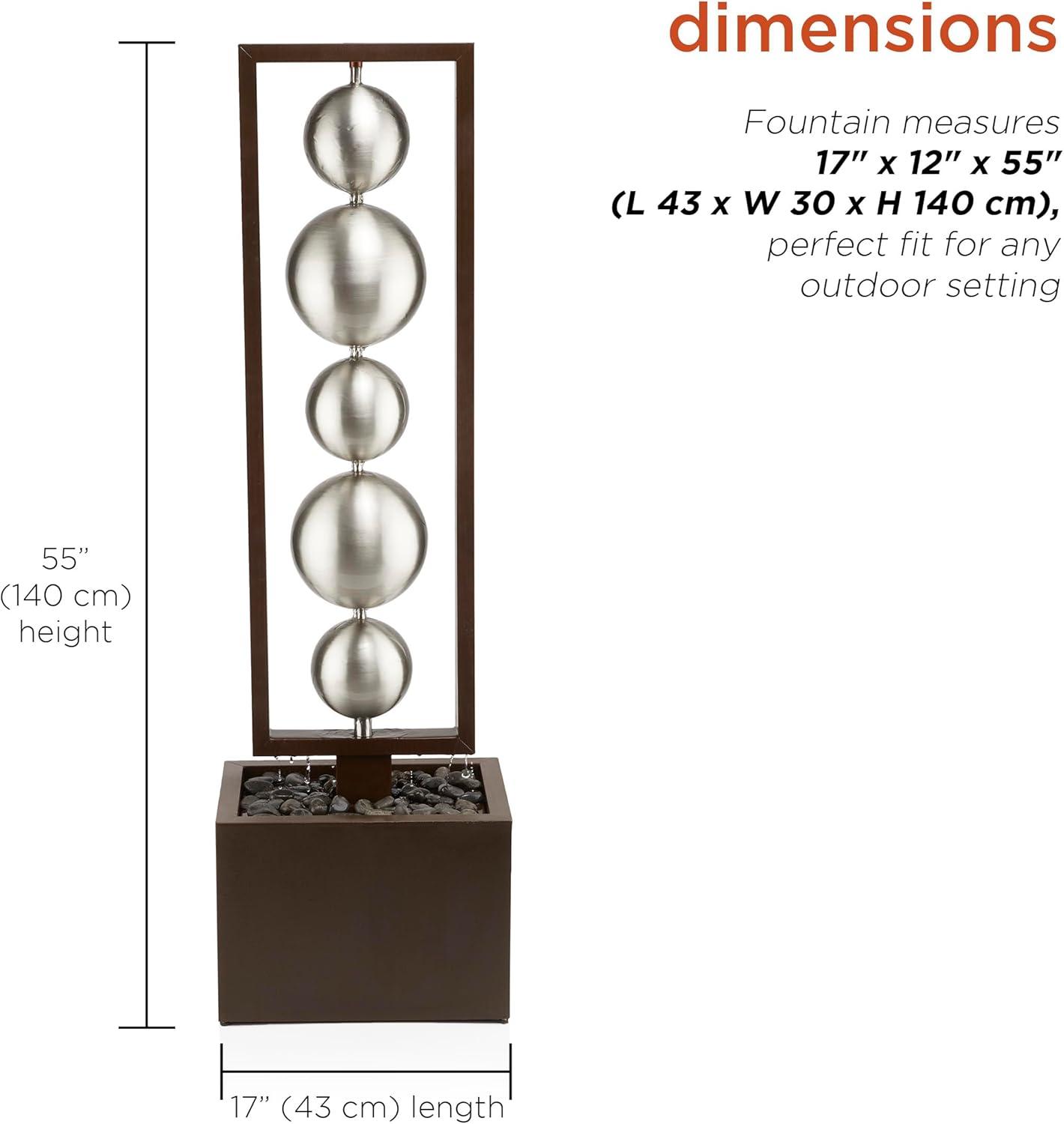 55" Metal Modern Column Fountain with Stainless Steel Orbs Silver/Brown - Alpine Corporation: Electric-Powered