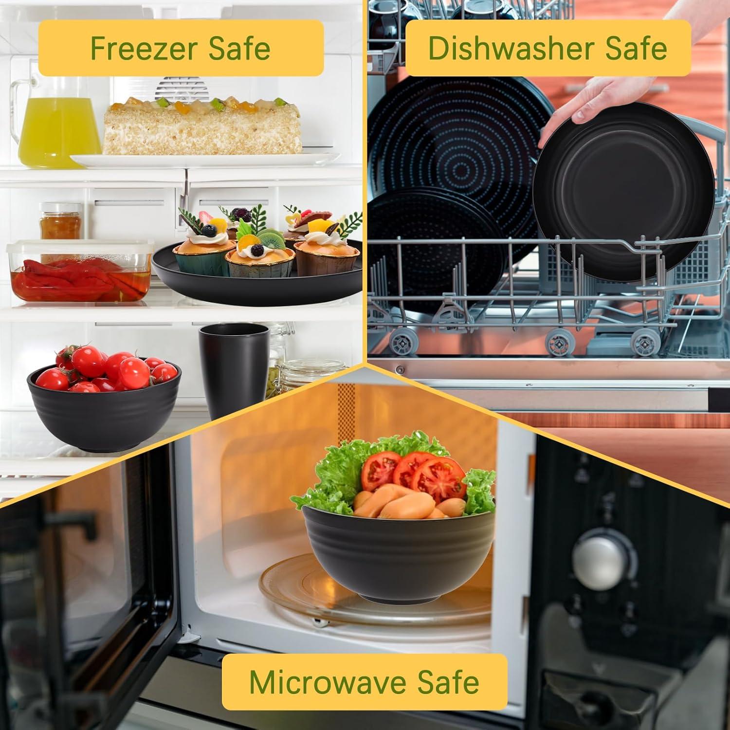 32 Pcs Wheat Straw Dinnerware Sets,Plastic Plates and Bowls Sets for 8,Unbreakable Dinnerware Set,Reusable Lightweight Black Dish Set for Kitchen,Camping,Party,RV,Dishwasher Microwave Safe