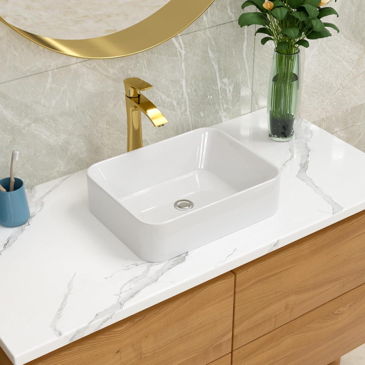 Rectangular White Ceramic Above-Counter Bathroom Vessel Sink