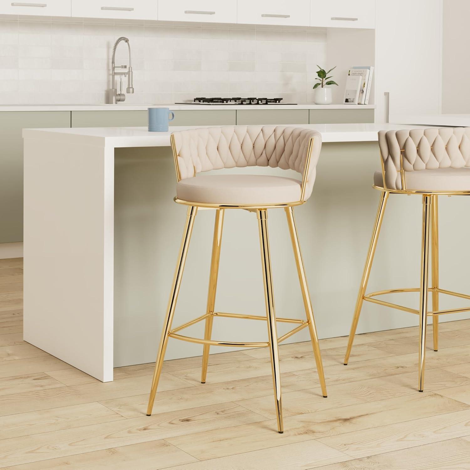 Beige Velvet Counter Stools with Gold Legs Mid Century Modern Bar Stools Set of 2 Upholstered Counter Height Stool Chairs 26 Inch kitchen Island Chairs with Back