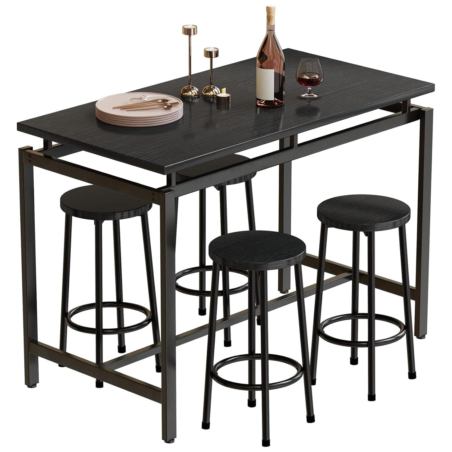 Lamerge 5 Pieces Dining Table Set for 4, Black Bar Table Set with 4 Round Bar Stools Counter Height Bar Table and Chairs Set, Wood Pub Table Set Breakfast Table for Kitchen, Small Space