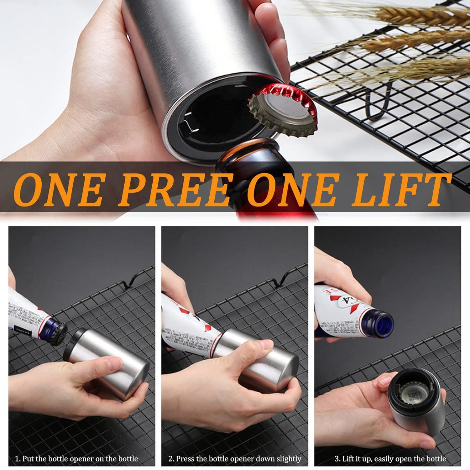 Automatic Magnetic Beer Bottle Opener, Stainless Steel Portable Pop the Top Wine Bottle Cap Catcher, Quick Open, No Damage Push Down Bartender Tools for Bar, Home, Kitchen, Party, Restaurant, Silver