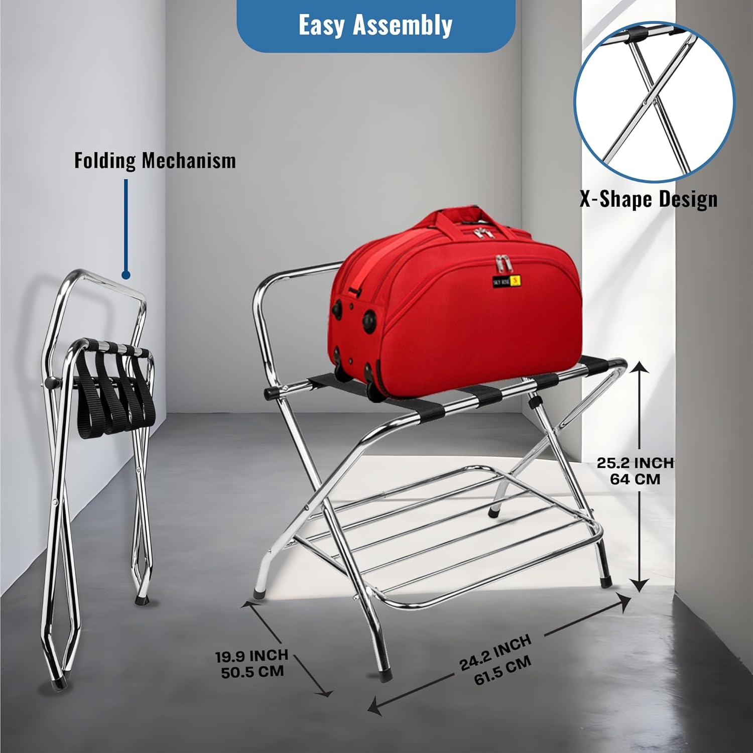 Chrome Foldable Luggage Rack with Nylon Straps and Rubber Feet