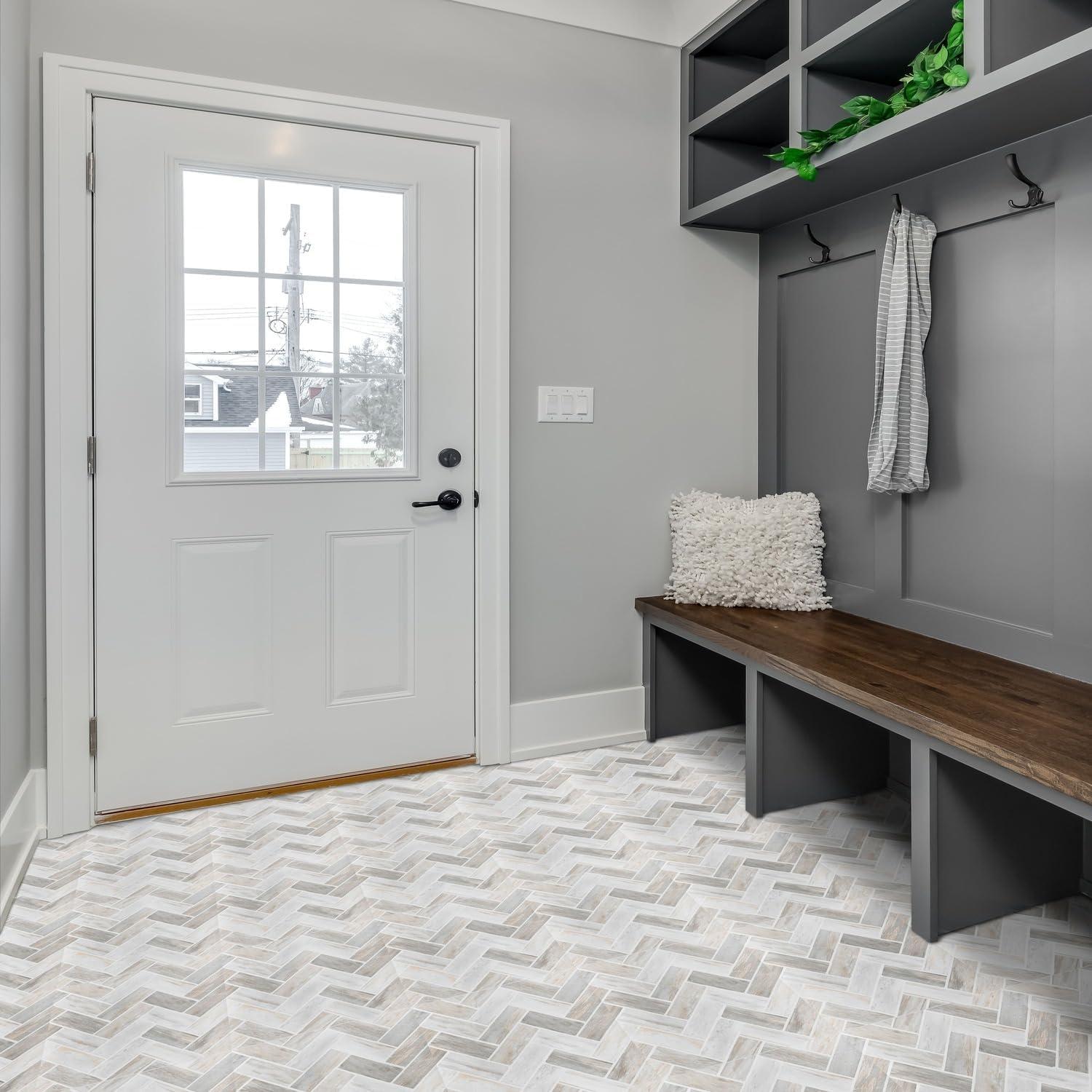 Stone Herringbone Medium Vinyl Peel and Stick Floor Tiles