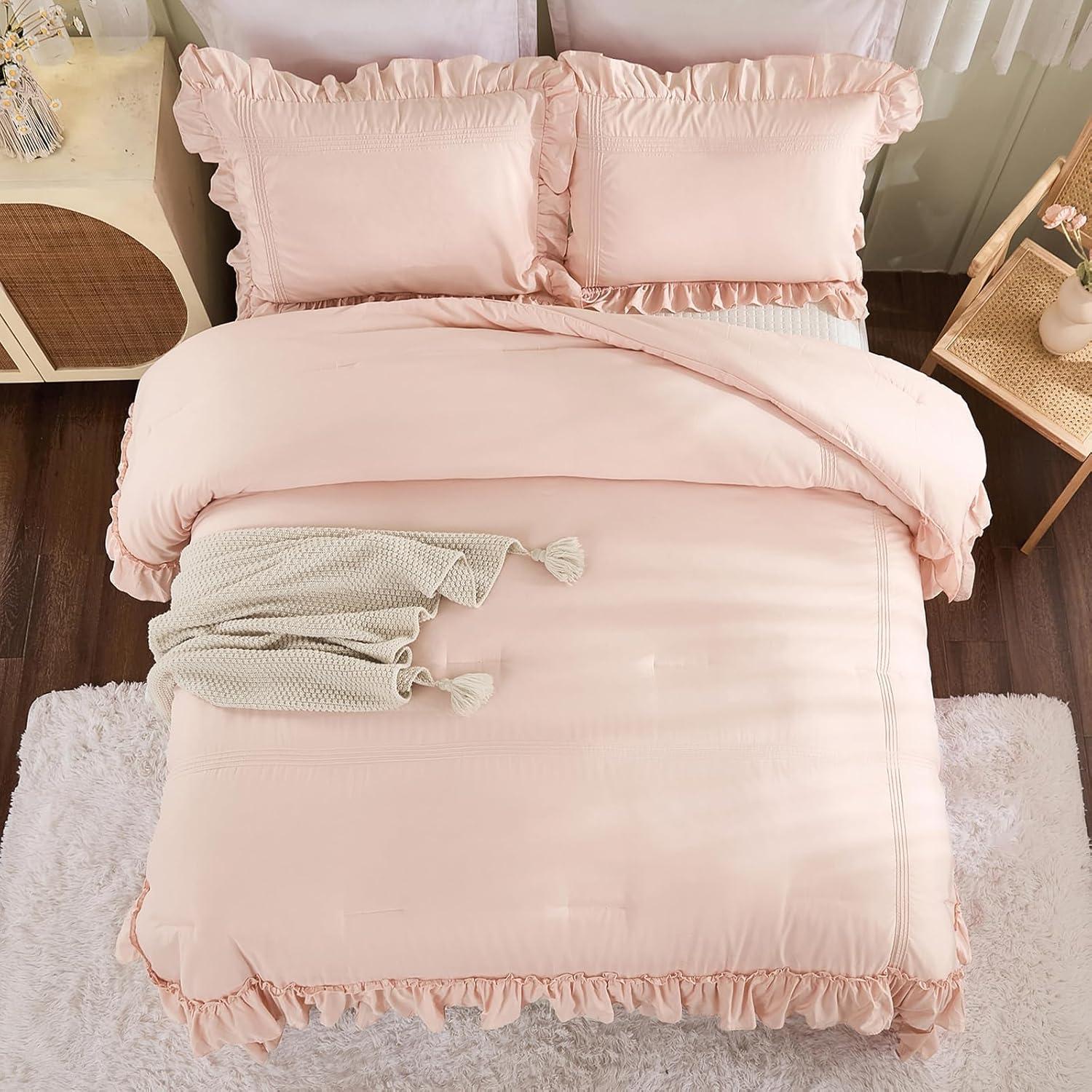 HOMERRY Pink Ruffle Pattern Duvet Cover Queen Size, 3PCS Soft Microfiber Fabric Comforter Set, 90x90 in