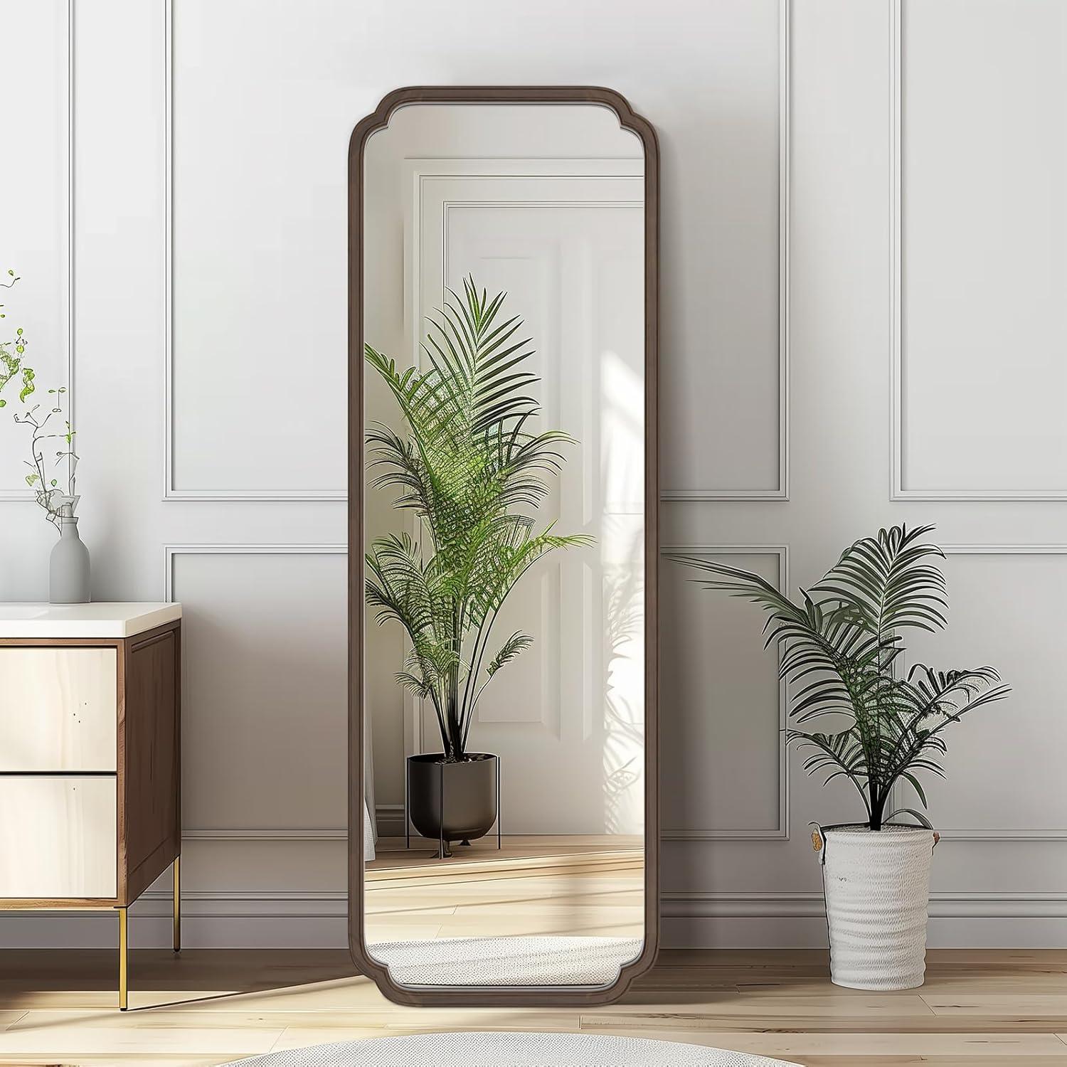 Walnut Full Length Rectangular Mirror with Intricate Wooden Frame