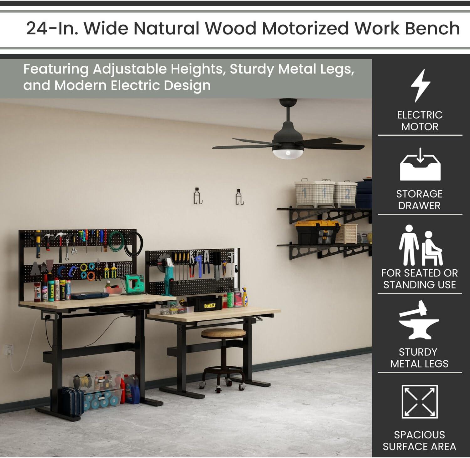 Hanover 24-In. Wide Natural Wood Motorized Work Bench with Adjustable Heights and Peg Board