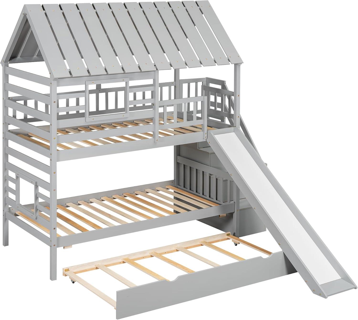 Harper Orchard Twin Over Twin House Bunk Bed With Trundle And Slide