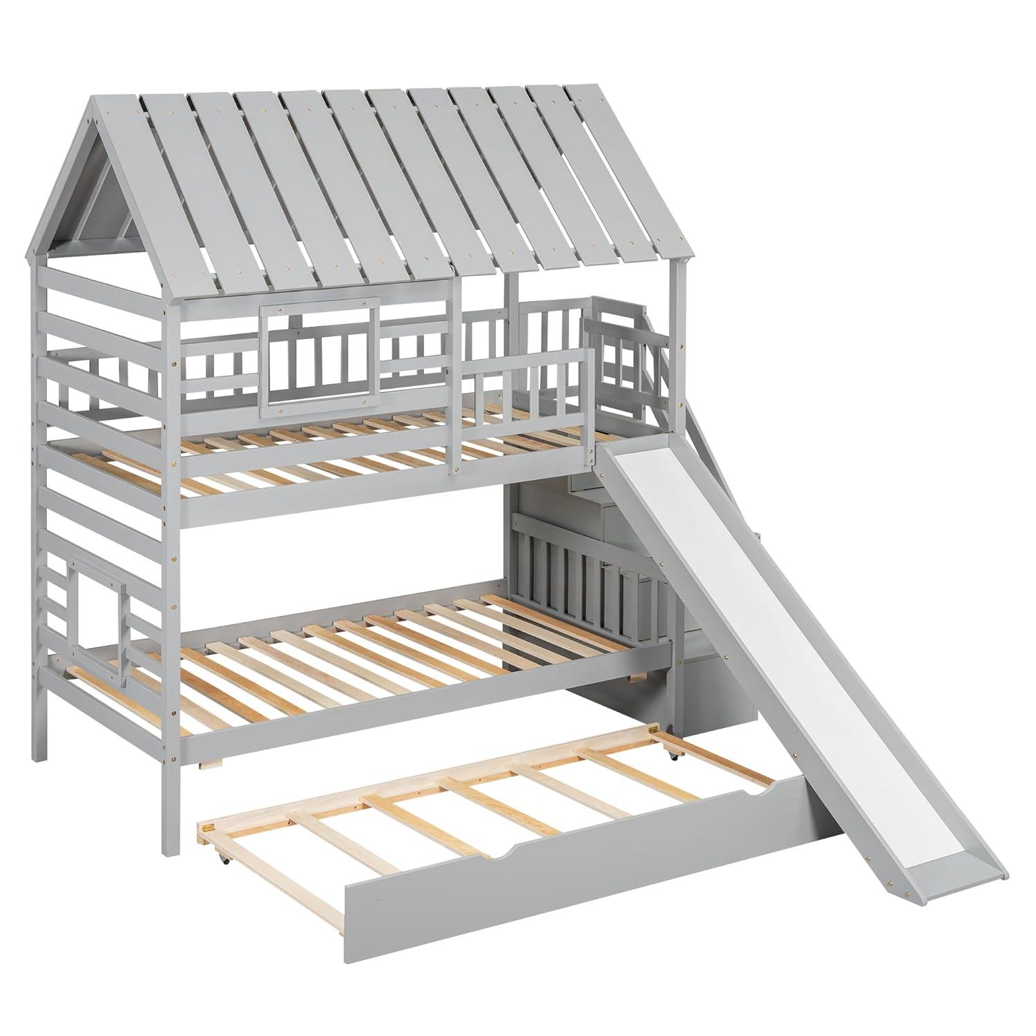 Harper Orchard Twin Over Twin House Bunk Bed With Trundle And Slide