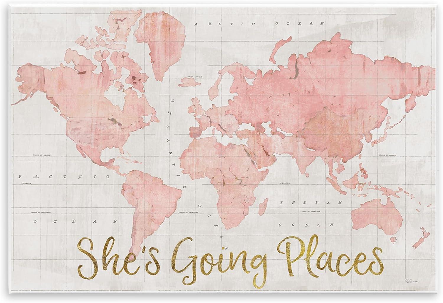 Stupell Industries She's Going Places Quote Pink Watercolor World Map by Sue Schlabach - Print