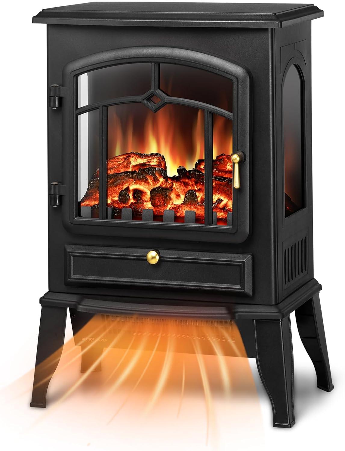 WAA Infrared Electric Fireplace Stove,15" Freestanding Fireplace Heater,Adjustable Brightness and Heating Mode,1000W/1500W,Black