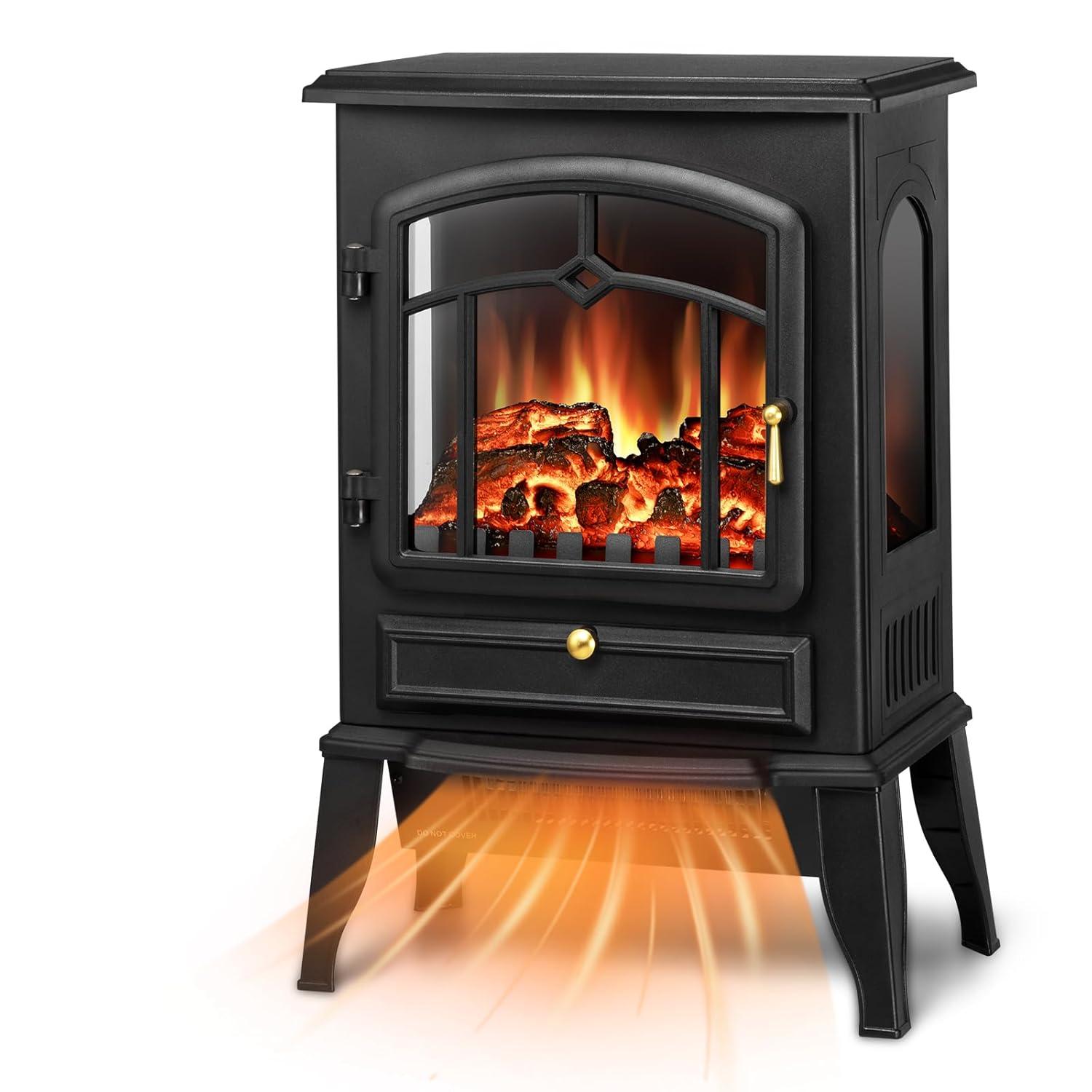 WAA Infrared Electric Fireplace Stove,15" Freestanding Fireplace Heater,Adjustable Brightness and Heating Mode,1000W/1500W,Black