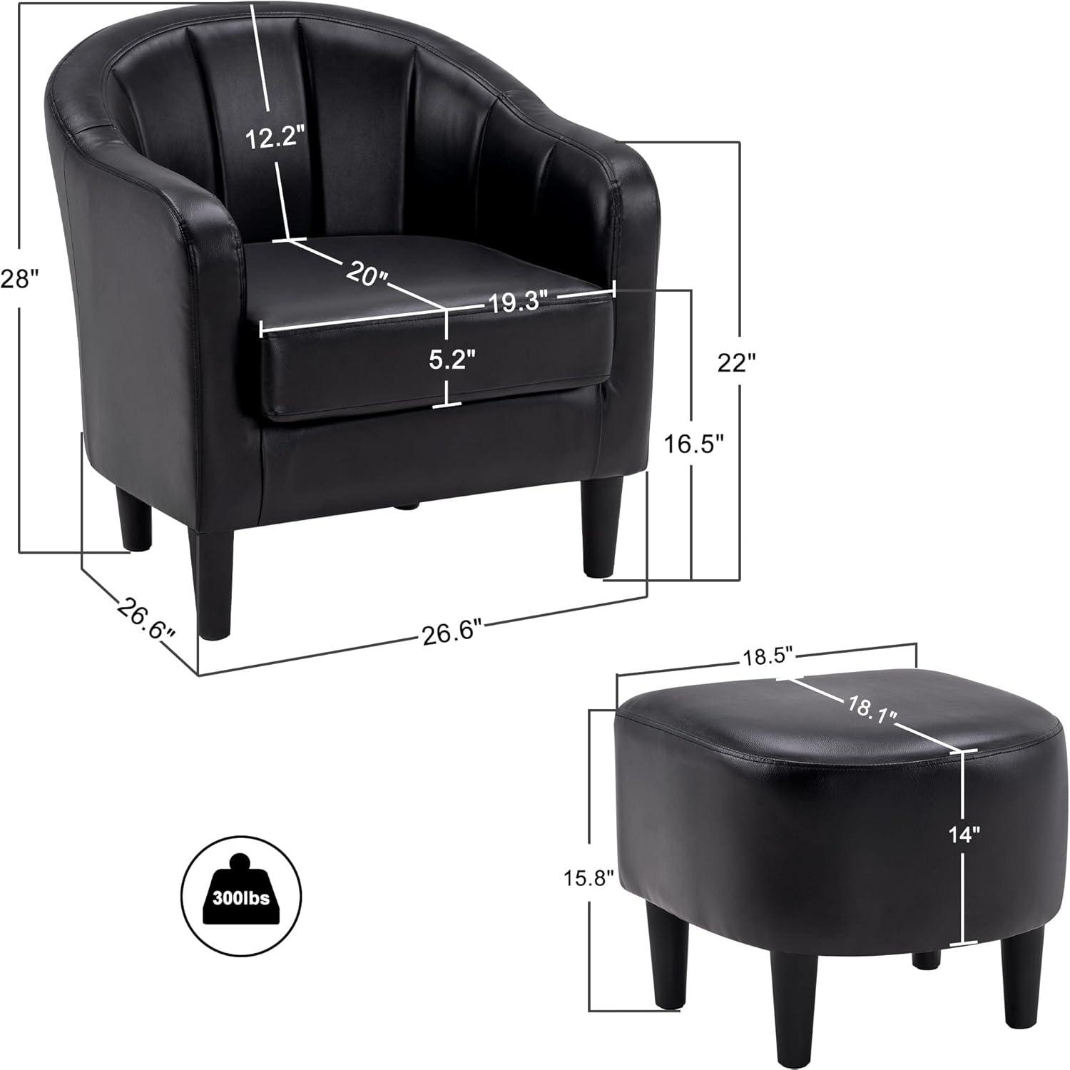 Mcombo Modern Accent Club Chair, Tub Barrel Chair with Ottoman, Faux Leather Arm Chair with Round Legs, Single Sofa Chair for Living Room Bedroom Small Space 4022(Black)