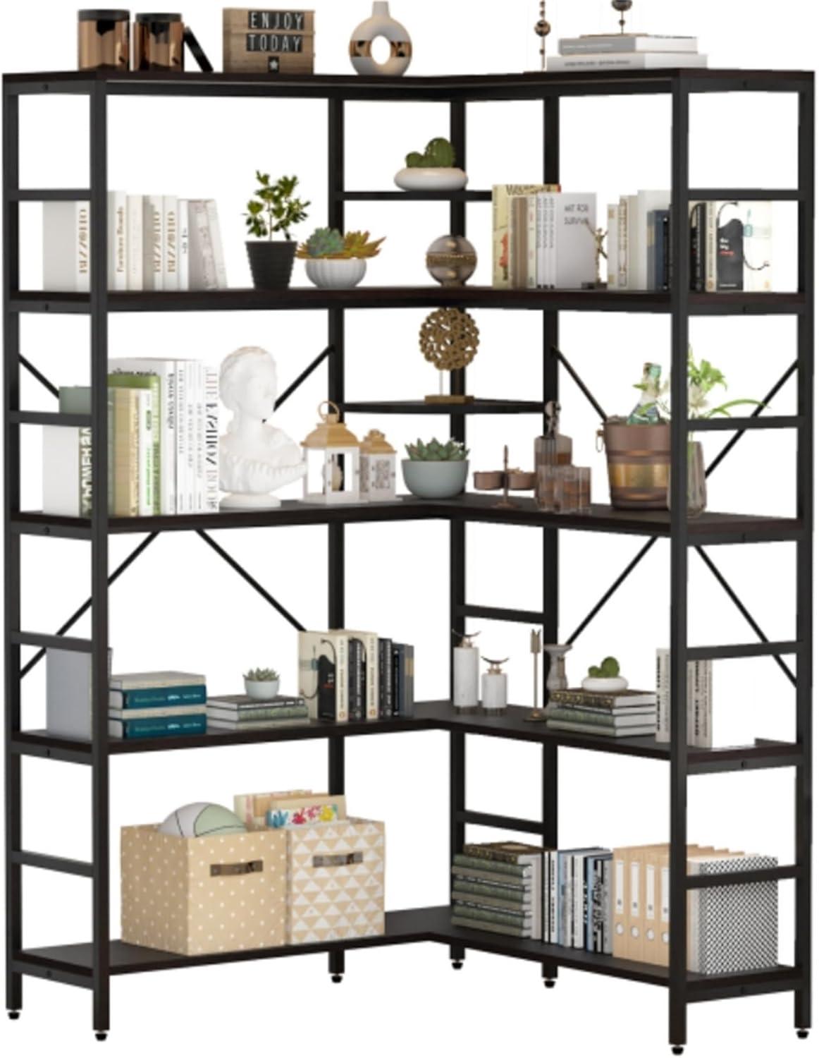L-Shaped Corner Bookshelf, 5-Tier Industrial Bookcase with Heavy-Duty Metal Frame, Tall Storage Display Shelf for Bedroom, Living Room, and Home Office
