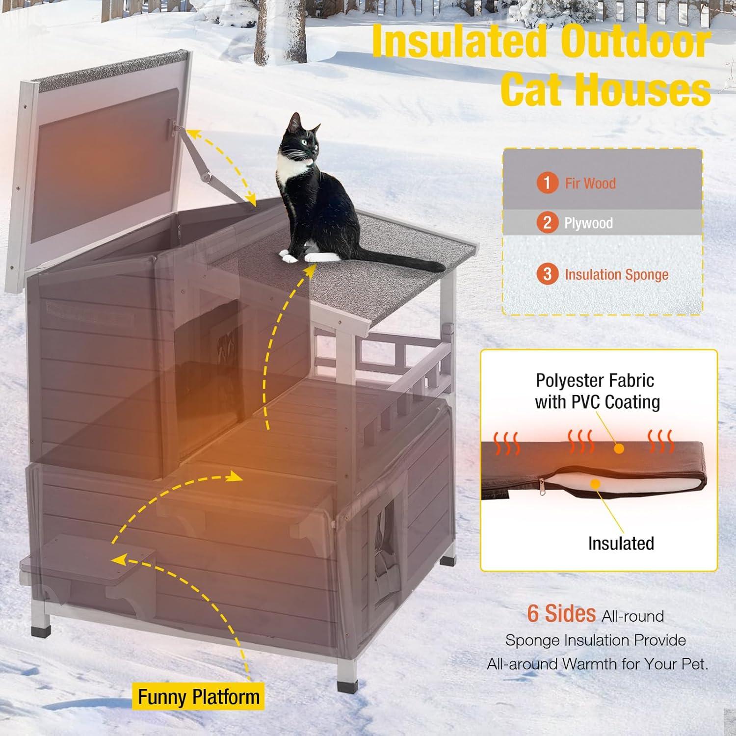 Insulated Two-Story Gray Outdoor Cat House with PVC Door