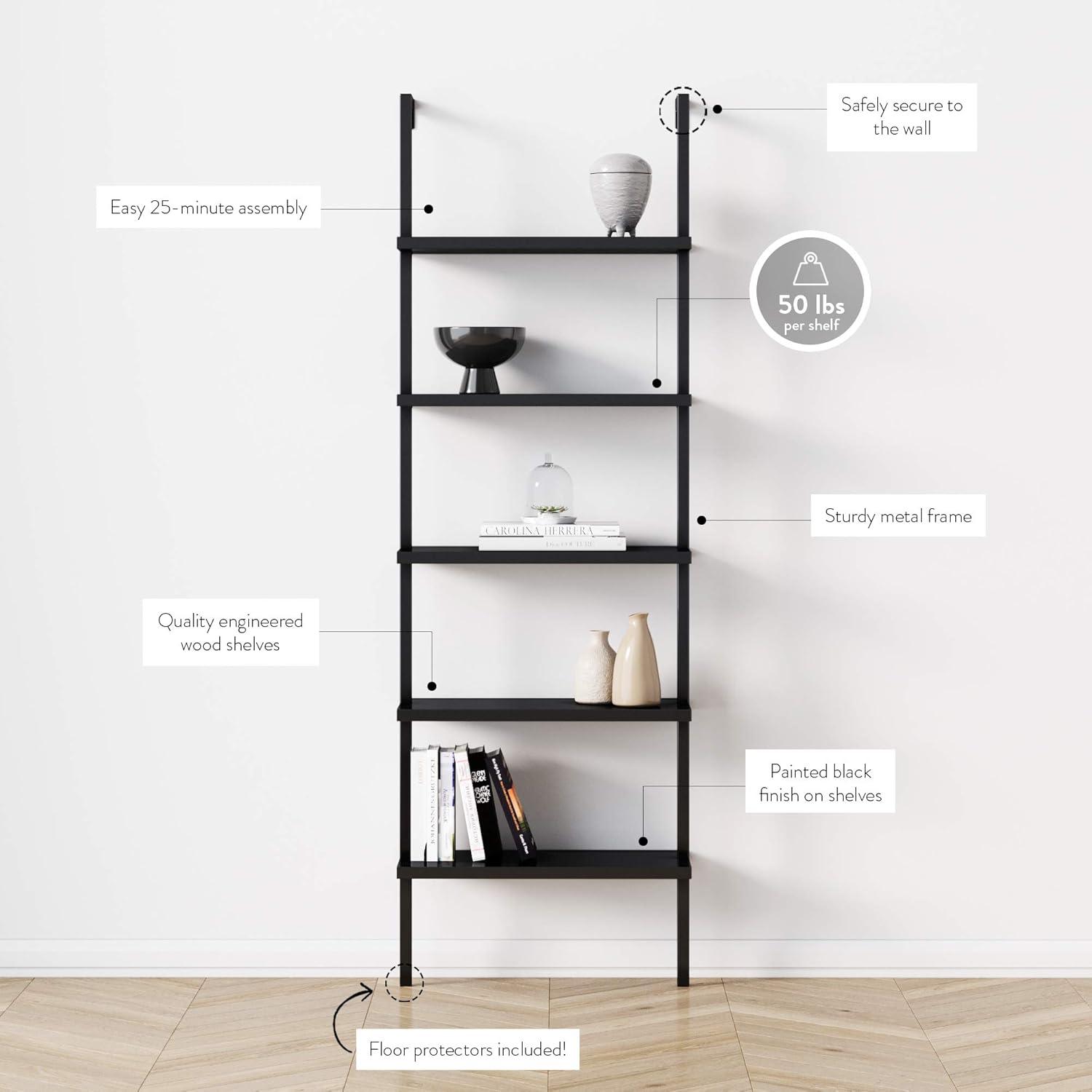 Matte Black Wood 73" Industrial Ladder Bookcase