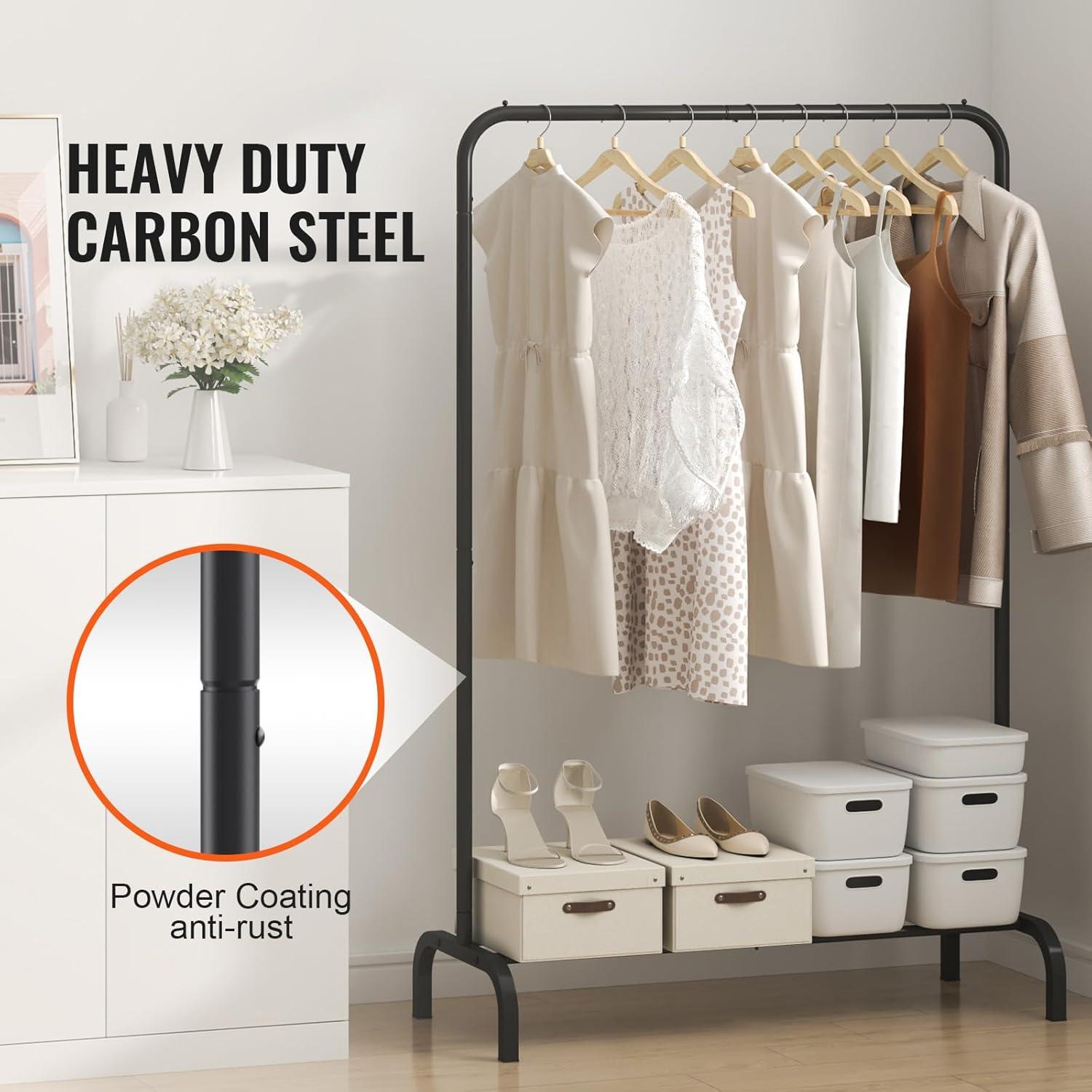 Black Heavy Duty Portable Clothes Rack with Storage Shelf