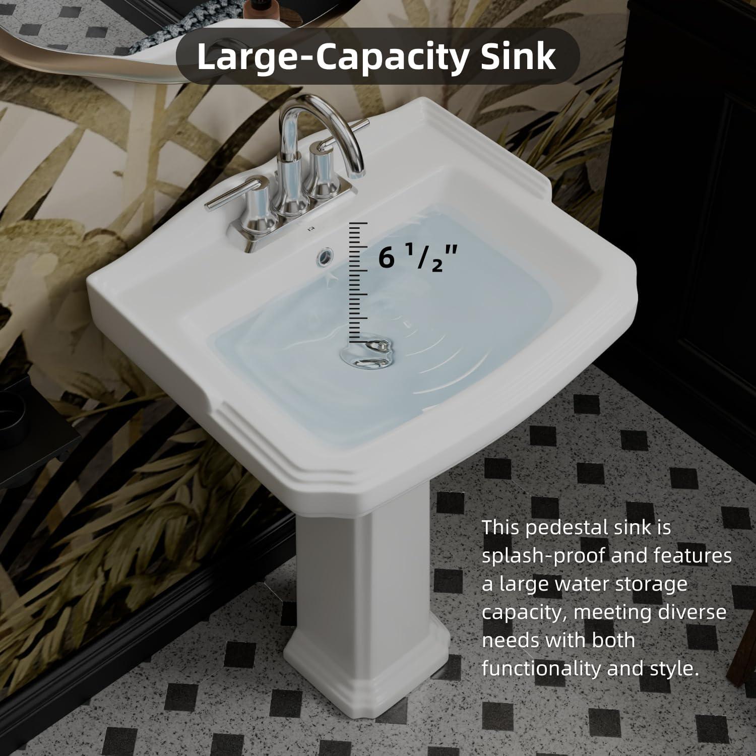 Classic Vintage Bathroom Pedestal Sink, Los Flexi 23"W x 19"D White Ceramic Freestanding Sinks for bathrooms, Overflow, 3 Pre-Drilled Holes for 4-Inch Faucets, Easy Install