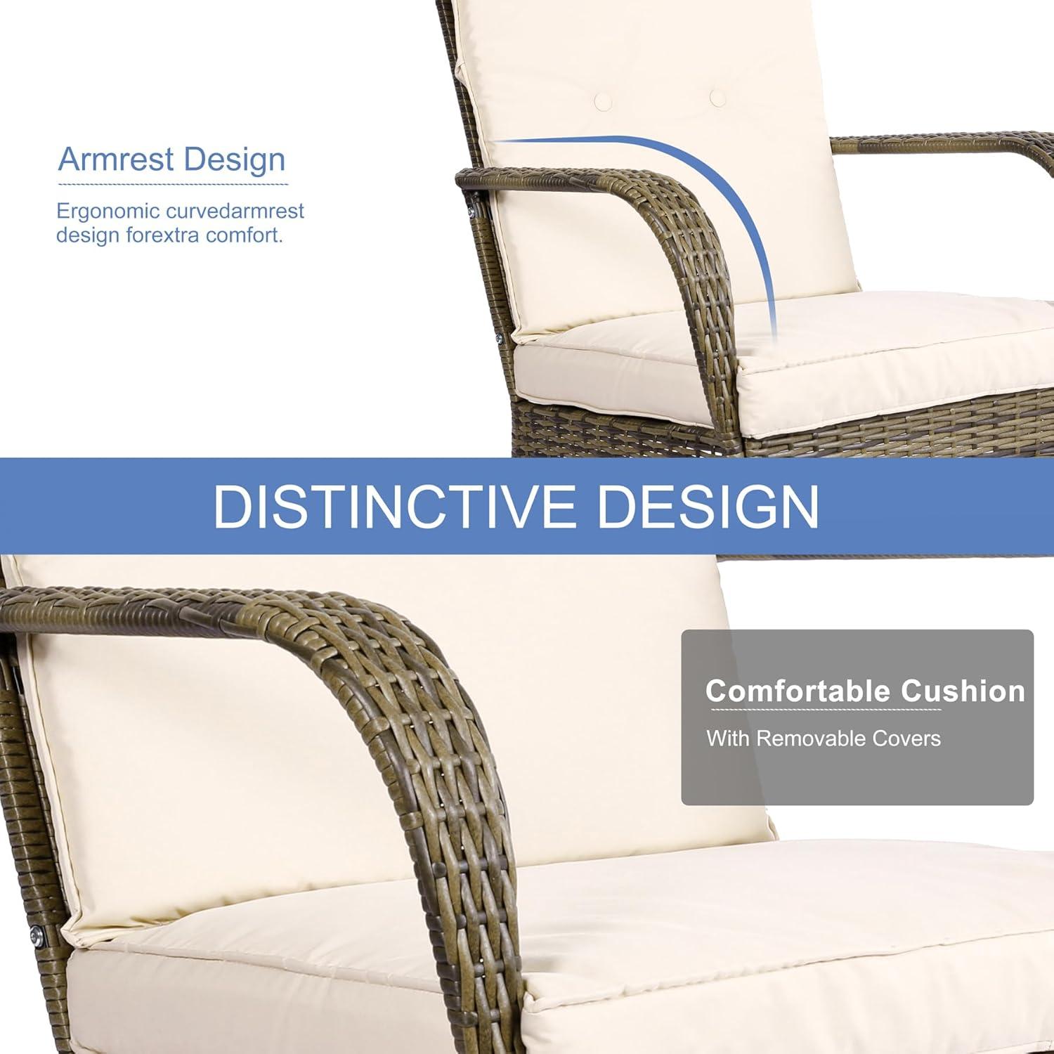 3 Pieces Patio Conversation Set, Outdoor Rocking Chair, Wicker Bistro Set, Outdoor Furniture with Porch Chairs and Coffee Table for Deck Garden Poolside, Beige