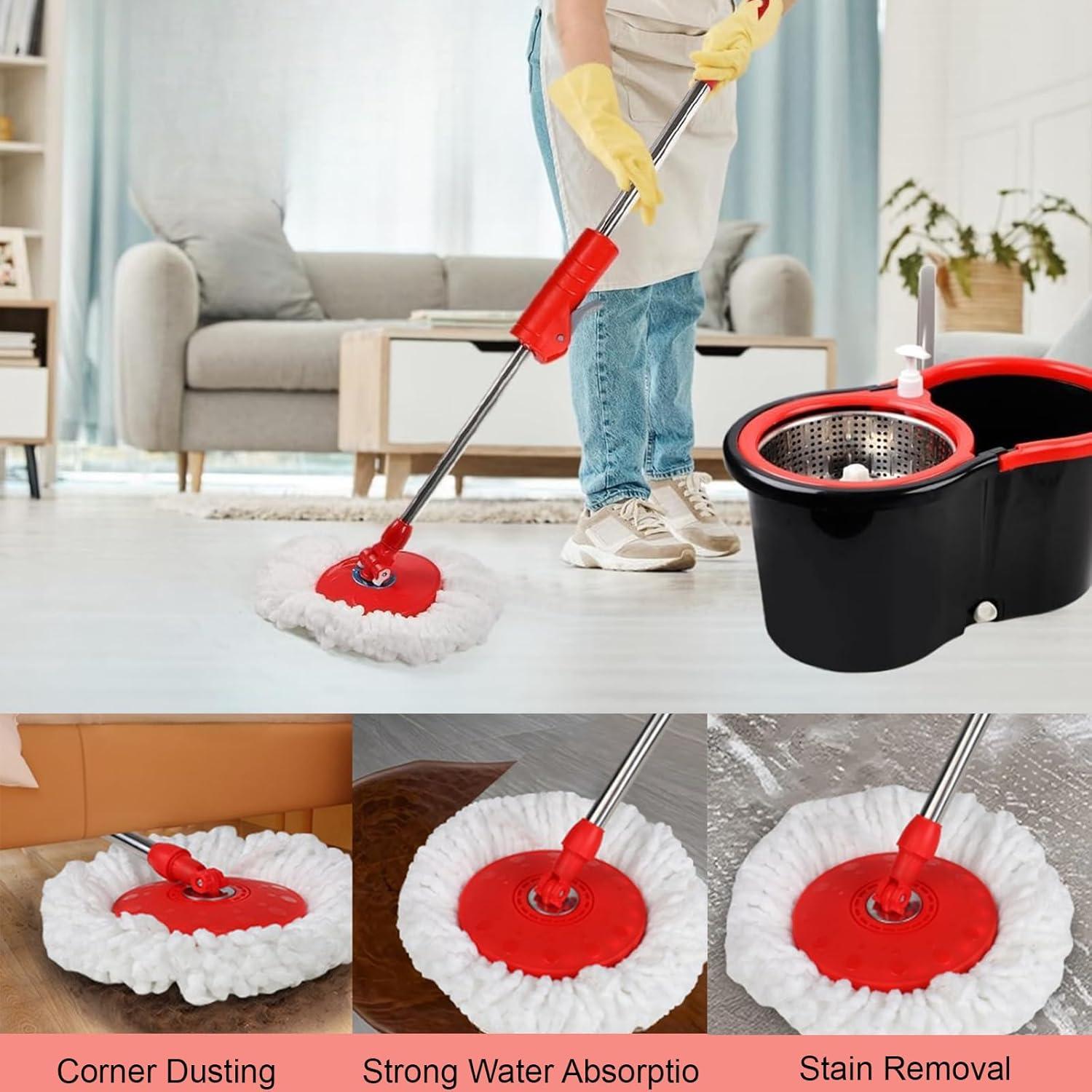 Spin Mop and Bucket Set, 360° Spin Mop and Bucket with Wringer Set and 3 Microfiber Mop Replacement Heads Refills, 61" Stainless Steel Extended Handle Spinning Mop Bucket System for Floor Cleaning