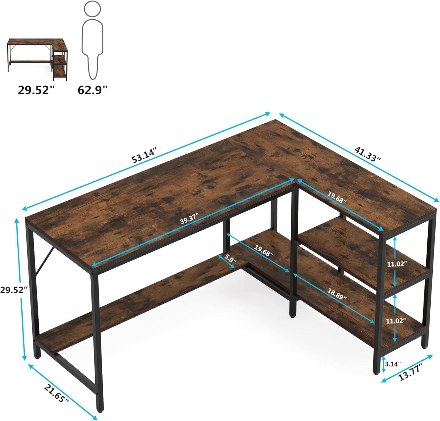 Rustic Brown L-Shaped Engineered Wood Gaming Desk with Shelves