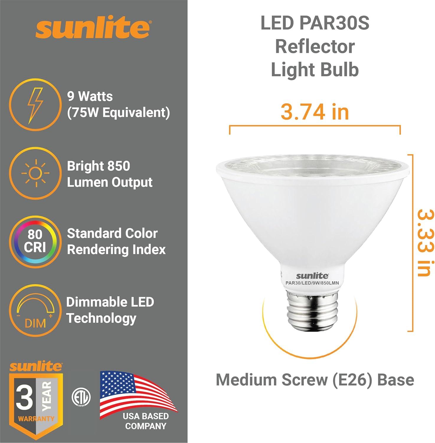 Sunlite LED PAR30 Short Neck Flood Light Bulb, 9 Watts, (75W Equivalent), 850 Lumens, Medium Screw (E26) Base, Dimmable, ETL Listed, 3000K Warm White, 6 Pack